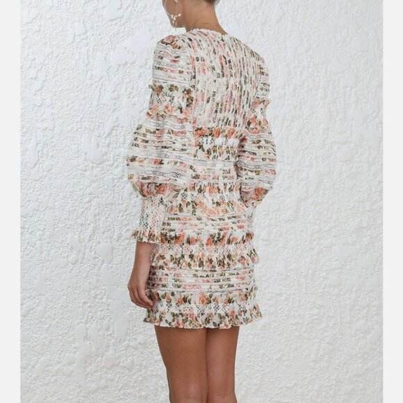 Zimmermann Radiate Smocked Mini Dress, Peach Rose Floral - Picture 3 of 16